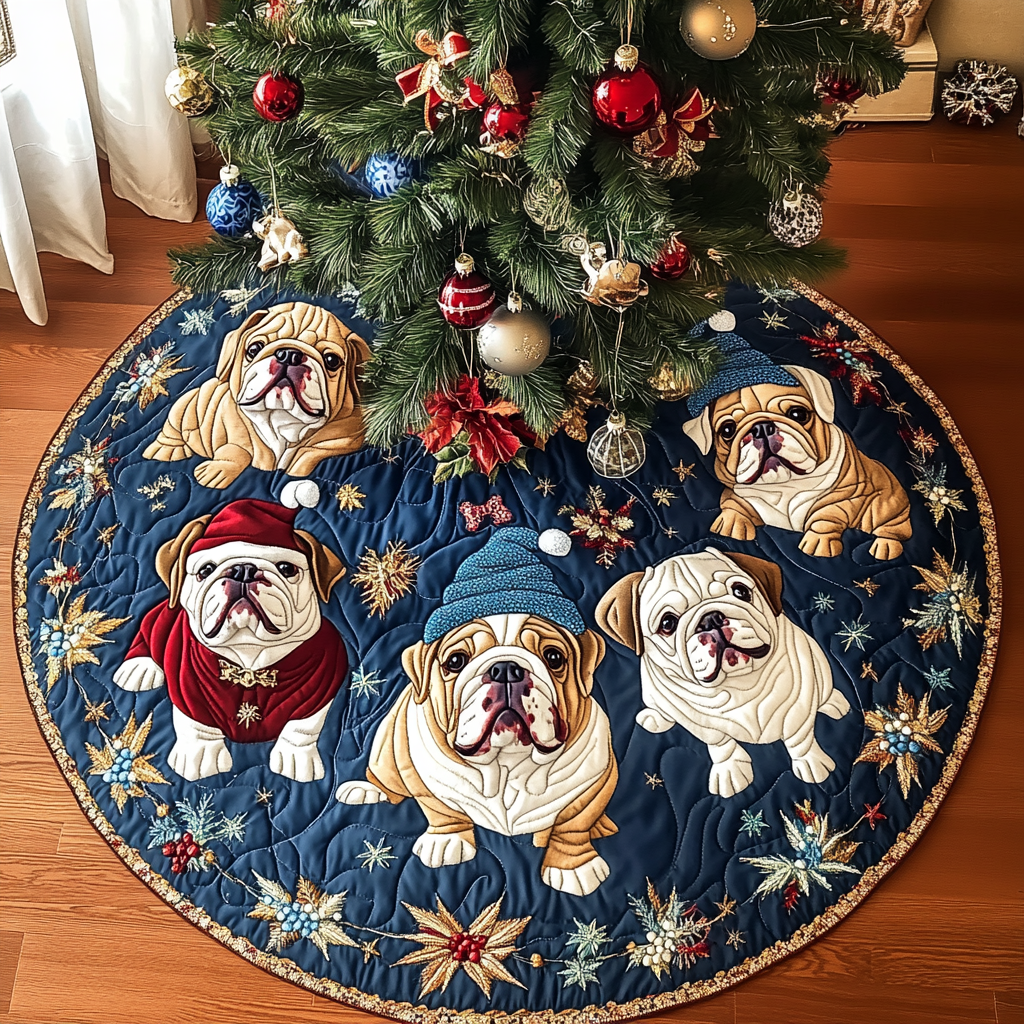 Bulldog Christmas Delight Christmas Quilted Tree Skirt Custom Christmas Tree Skirt Merch for Your Family