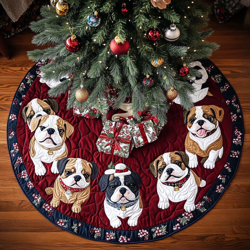 Bulldog Christmas Joy Christmas Quilted Tree Skirt Adorable Holiday Tree Skirt for Cozy Spaces
