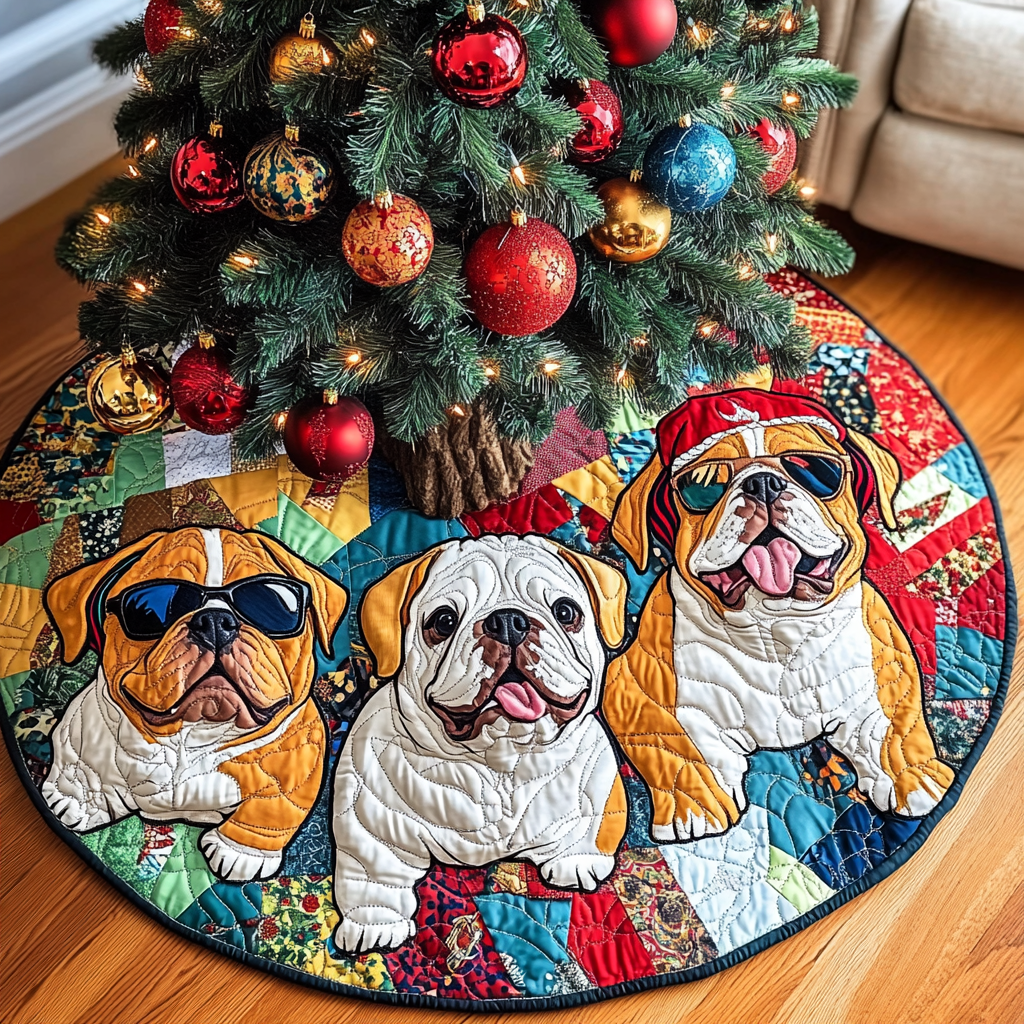 Bulldog Christmas Lit Christmas Quilted Tree Skirt Classic Red and White Tree Skirt for Traditional Decor