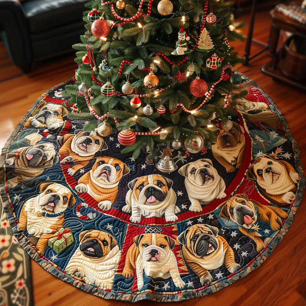 Bulldog Christmas Spirit Christmas Quilted Tree Skirt Family Holiday Gathering Decor Holiday Tree Base Decoration