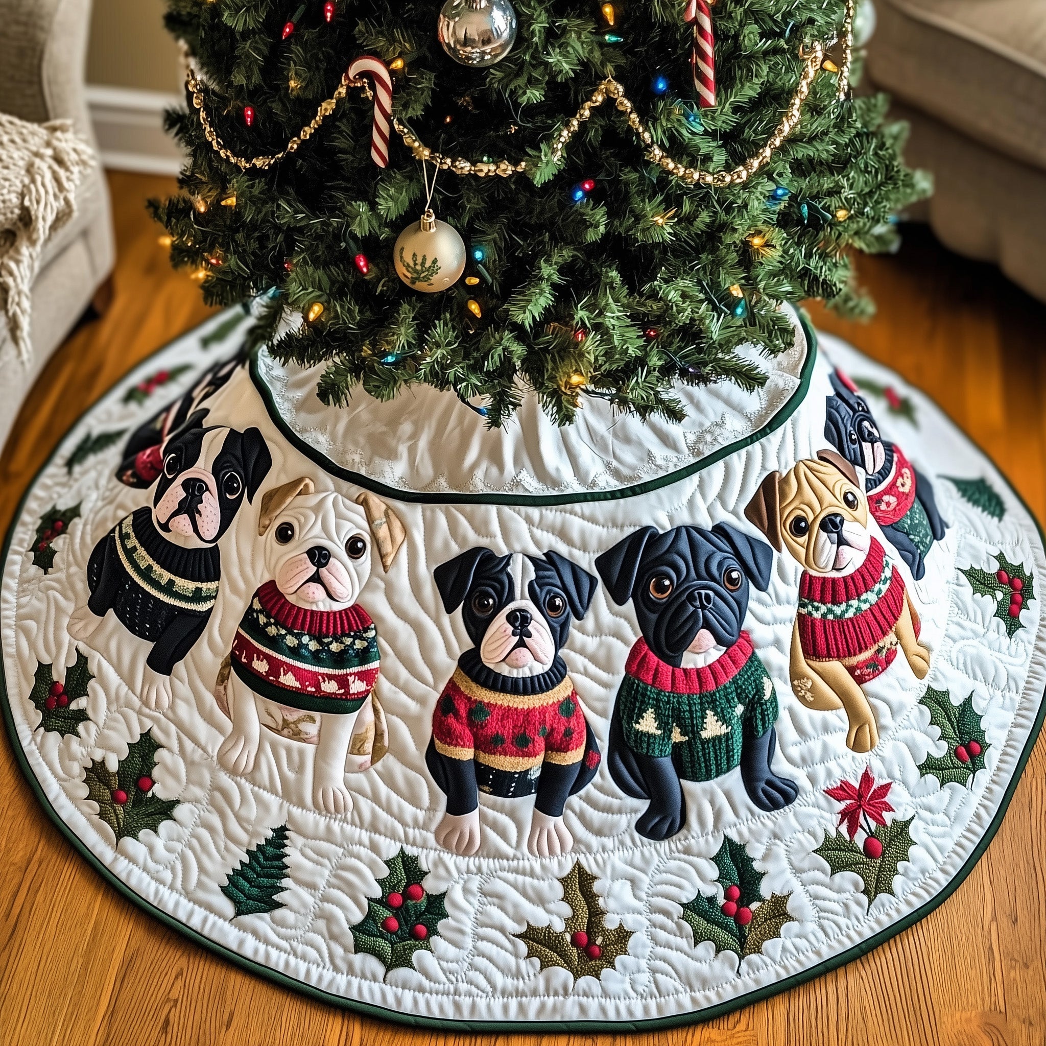 Bulldog Christmas Tree Base Cover Festive Santa Dog Quilted Design Perfect Holiday Gift Idea
