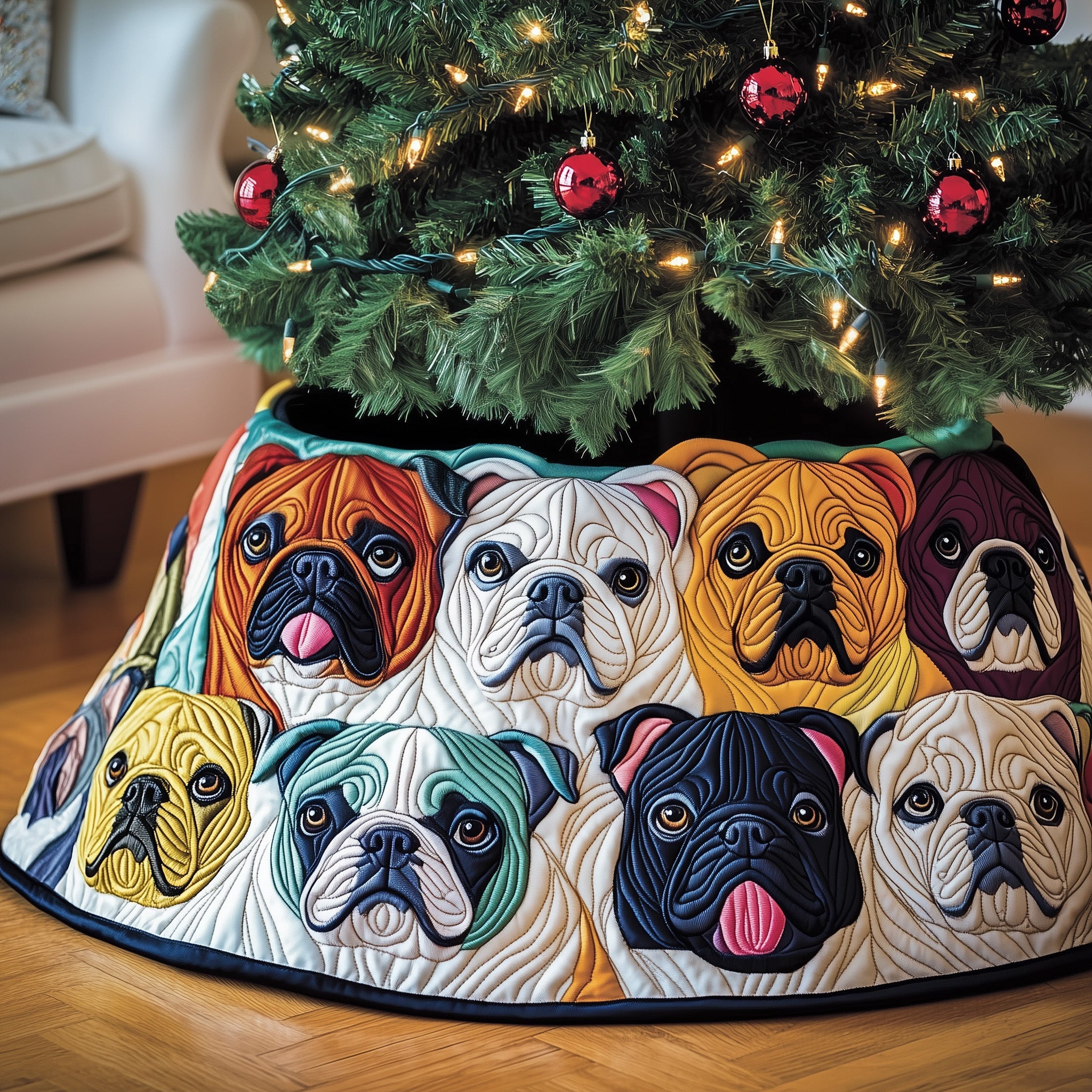 Bulldog Christmas Tree Skirt Colorful Quilted Dog Design Holiday Decor Gift for Pet Lovers