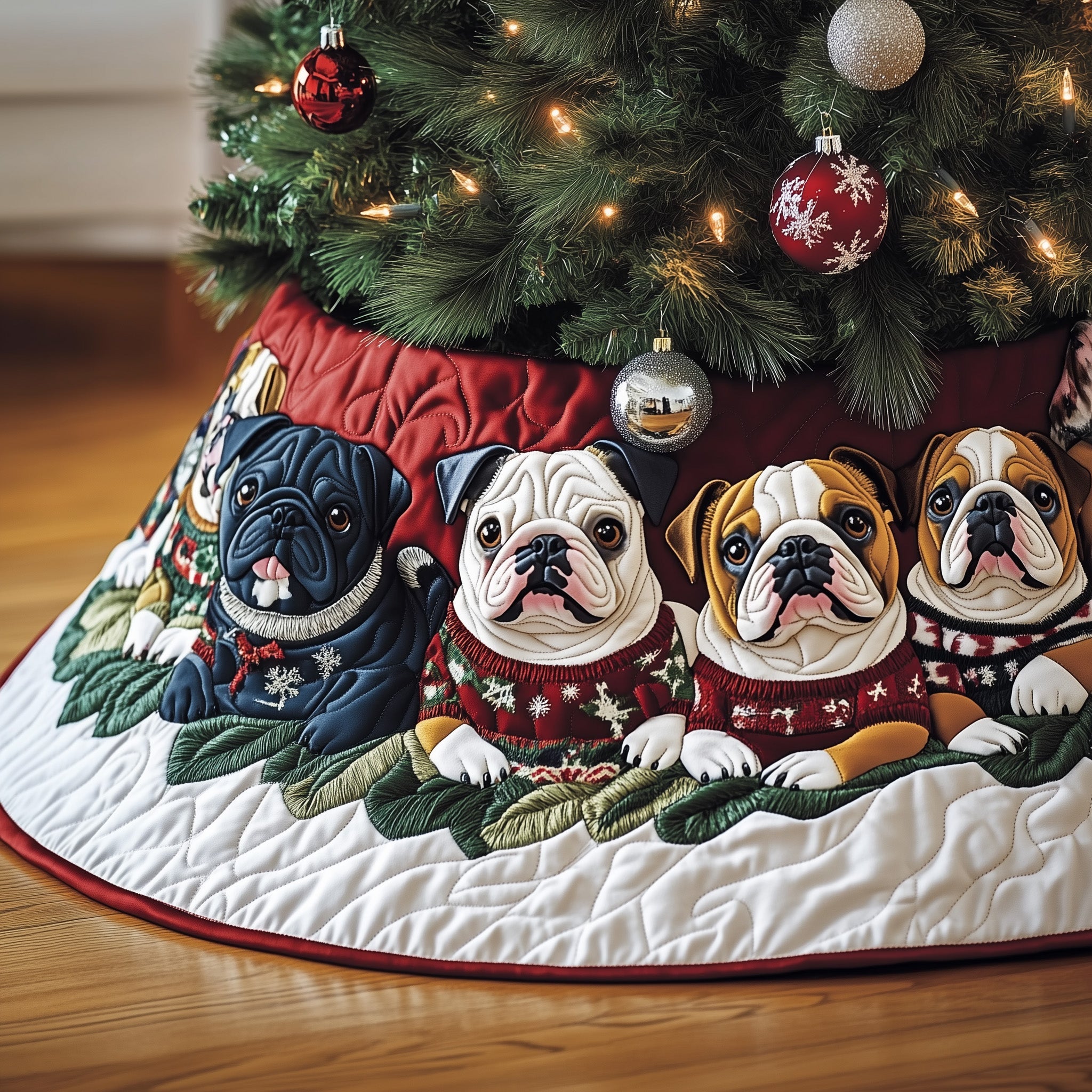 Bulldog Christmas Tree Surround Multicolor Quilted Dog Design Holiday Decor for Pet Families