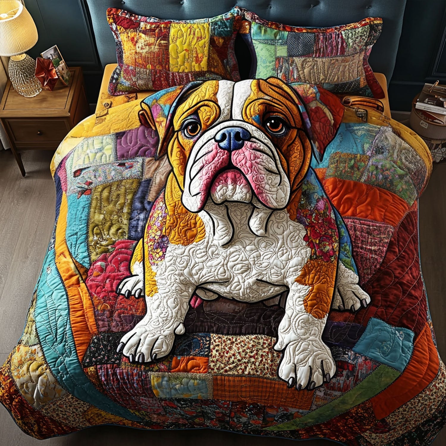 Bulldog Companions Quilted Bedding Set Premium Duvet Cover Gift Set for Mom or Grandma