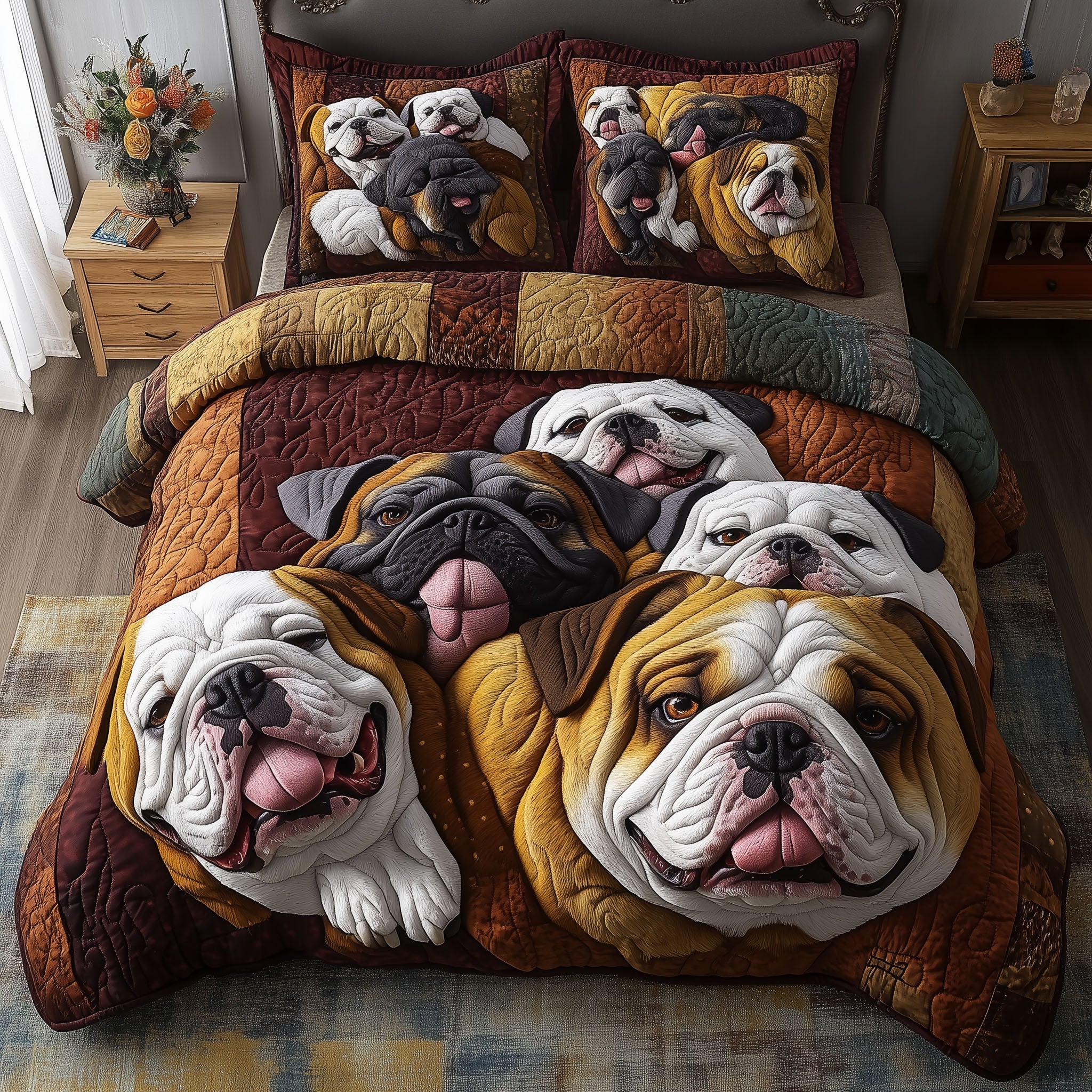 Bulldog Companionship Quilted Bedding Set Soft Bed Sheet and Pillowcase Set for Relaxing Nights
