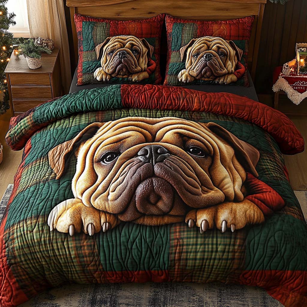 Bulldog Cozy Quilted Bedding Set Xmas Holiday Duvet Cover Set French Bulldog Christmas Gifts