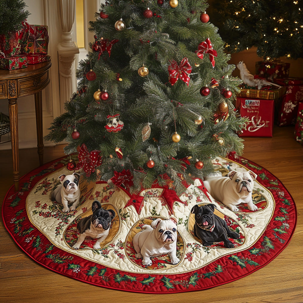 Bulldog Delight Quilted Christmas Tree Skirt Unique Holiday Gift Merch for Family Homes