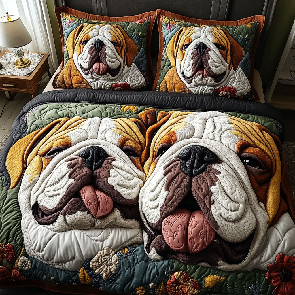 Bulldog Family Love Quilted Bedding Set Perfect Bedroom Gift Set to Show You Care