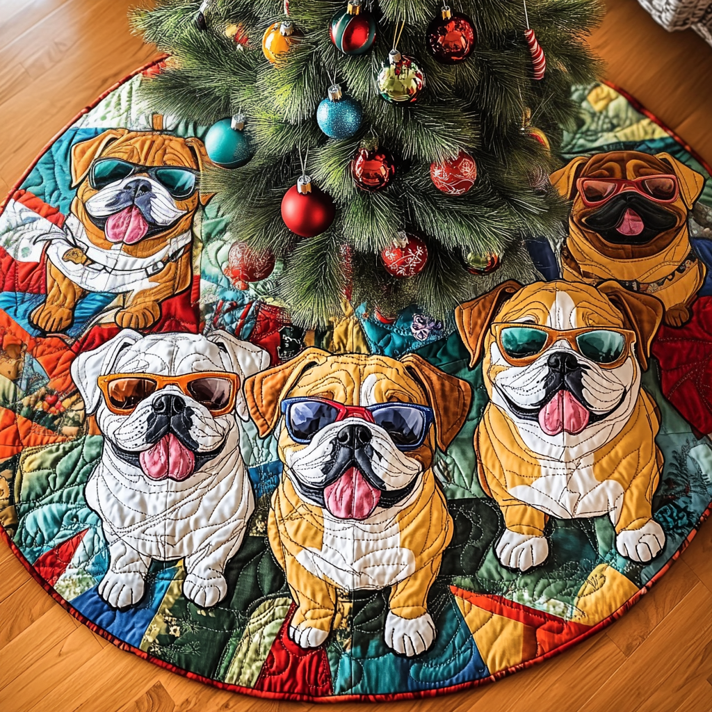Bulldog Festive Adventure Christmas Quilted Tree Skirt Perfect Holiday Gift for Home Decor Lovers
