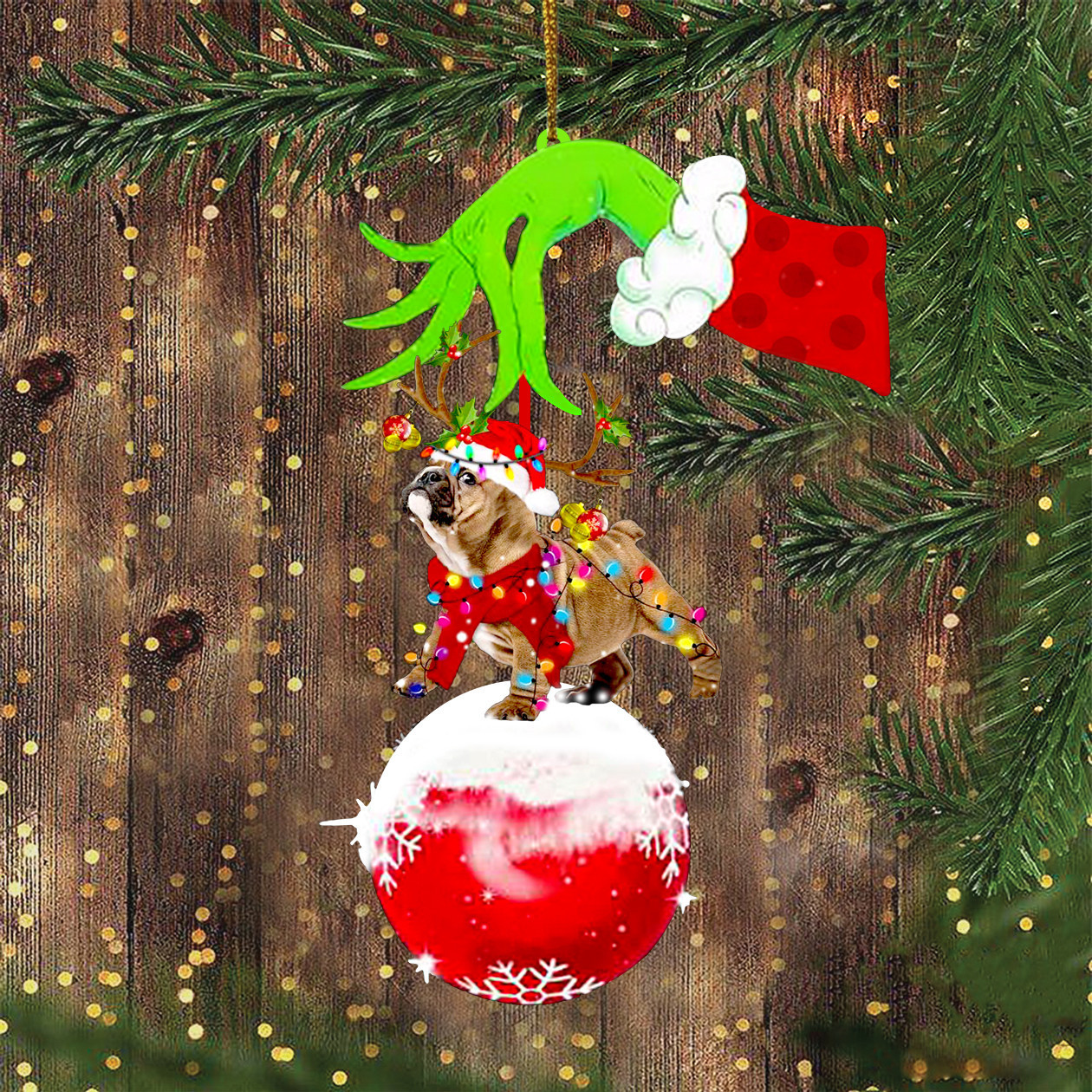Bulldog Green Hand With Red Ball Ornament Funny Dog Christmas Light Ornament Holiday Gift