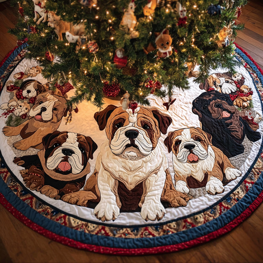 Bulldog Heart Christmas Quilted Tree Skirt Xmas Tree Cover Base French Bulldog Mom Gifts