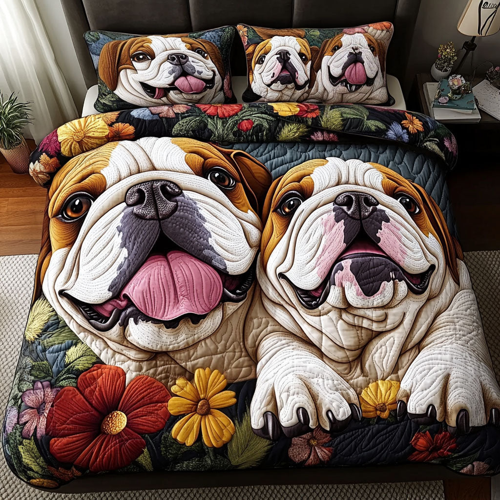 Bulldog Heart Quilted Bedding Set Beautiful Bedding Merch Gift for a Peaceful Sleep