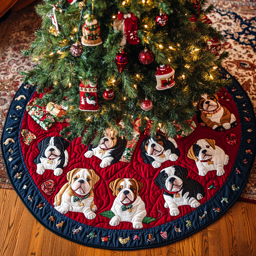 Bulldog Holiday Joy Christmas Quilted Tree Skirt Christmas Holiday Decor Home