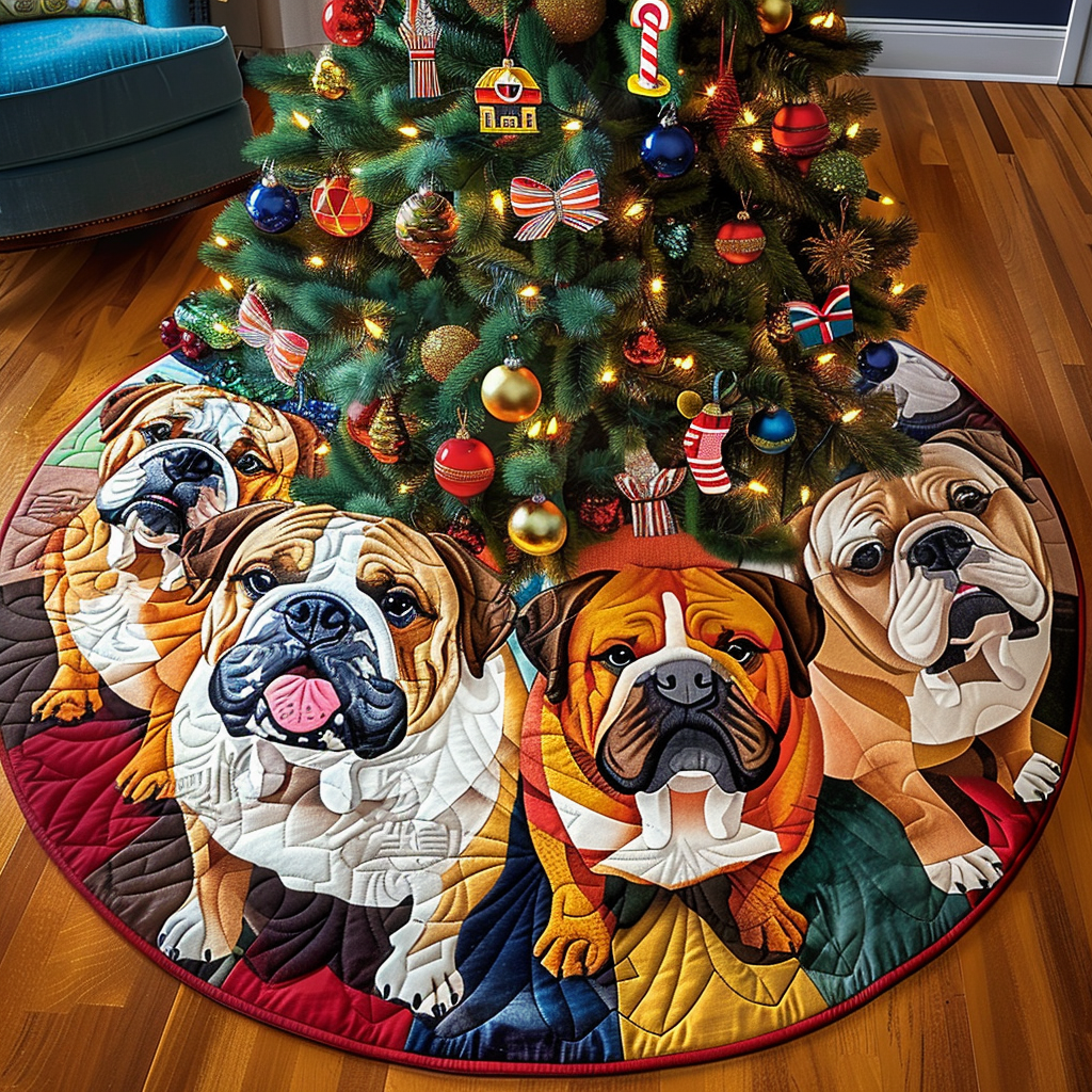 Bulldog Holiday Magic Christmas Quilted Tree Skirt Holiday Living Room Decor Winter Holiday Decor