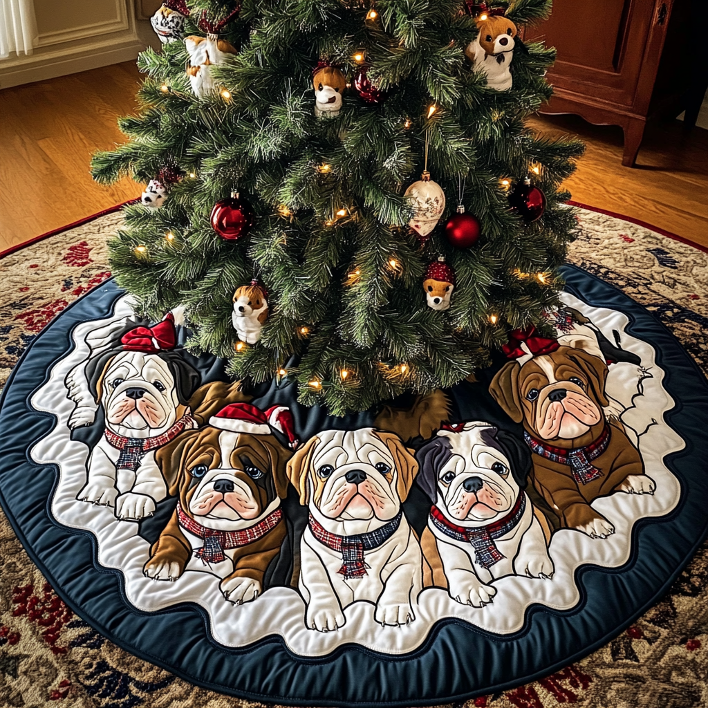 Bulldog Holiday Spirit Christmas Quilted Tree Skirt Adorable Holiday Tree Skirt for Cozy Spaces