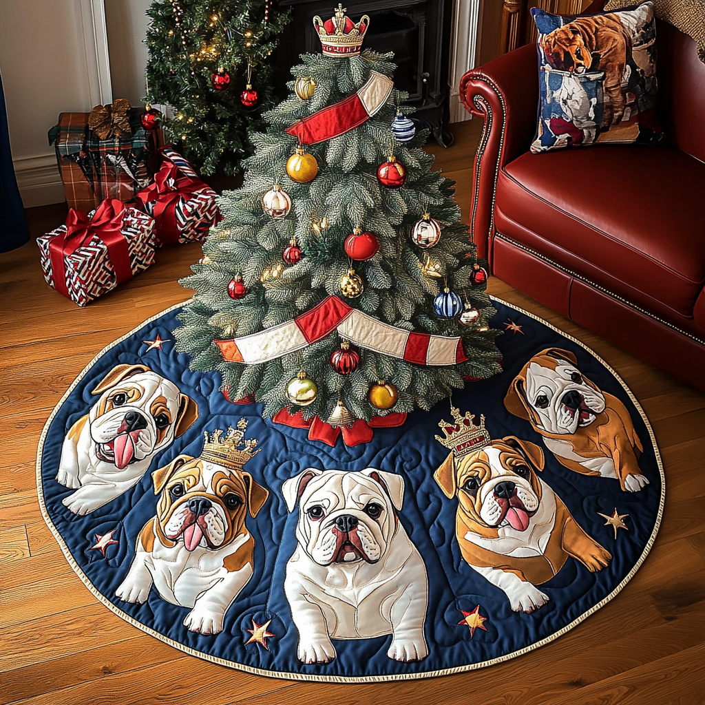 Bulldog Holiday Wishes Christmas Quilted Tree Skirt Perfect Merch Gift Tree Skirt for Holiday Season