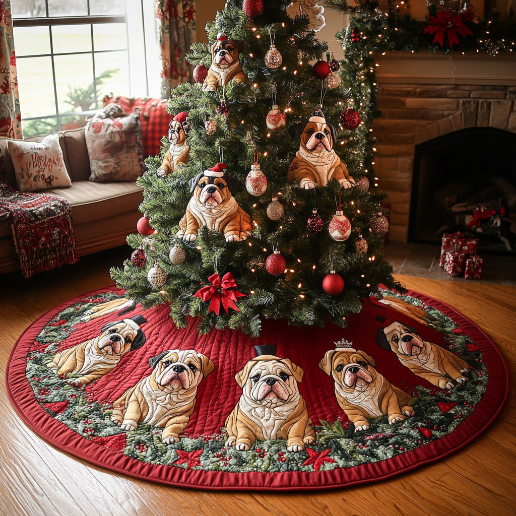 Bulldog Holly Nights Quilted Christmas Tree Skirt Perfect Holiday Gift for Home Decor Lovers