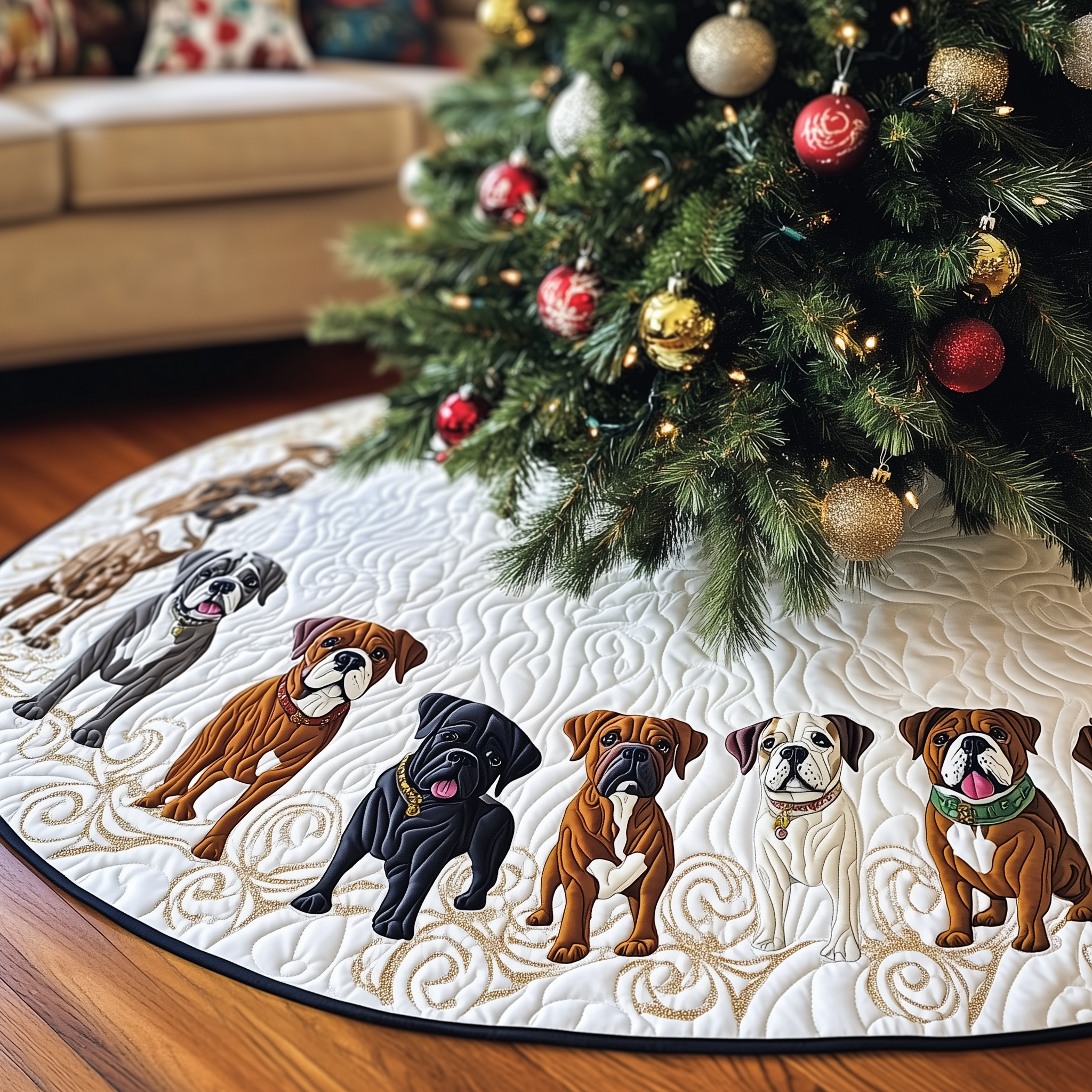 Bulldog Lover Christmas Tree Skirt Adorable Quilted Dog Design Holiday Decoration Gift