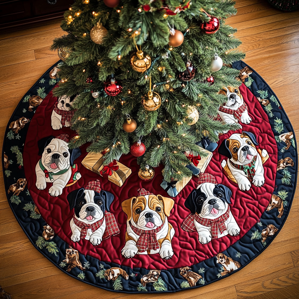 Bulldog Noel Christmas Quilted Tree Skirt Heartwarming Christmas Tree Skirt Gift for Loved Ones
