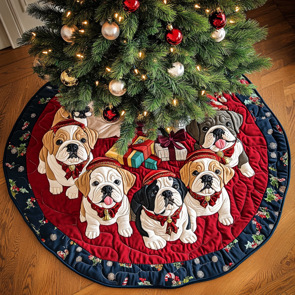 Bulldog Noel Night Christmas Quilted Tree Skirt Christmas Tree Bottom Cover Thoughtful Christmas Gifts For Wife