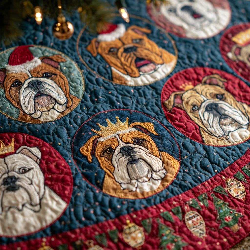 Bulldog Ornament Magic Quilted Christmas Tree Skirt Xmas Tree Base Cover Christmas Presents For French Bulldogs