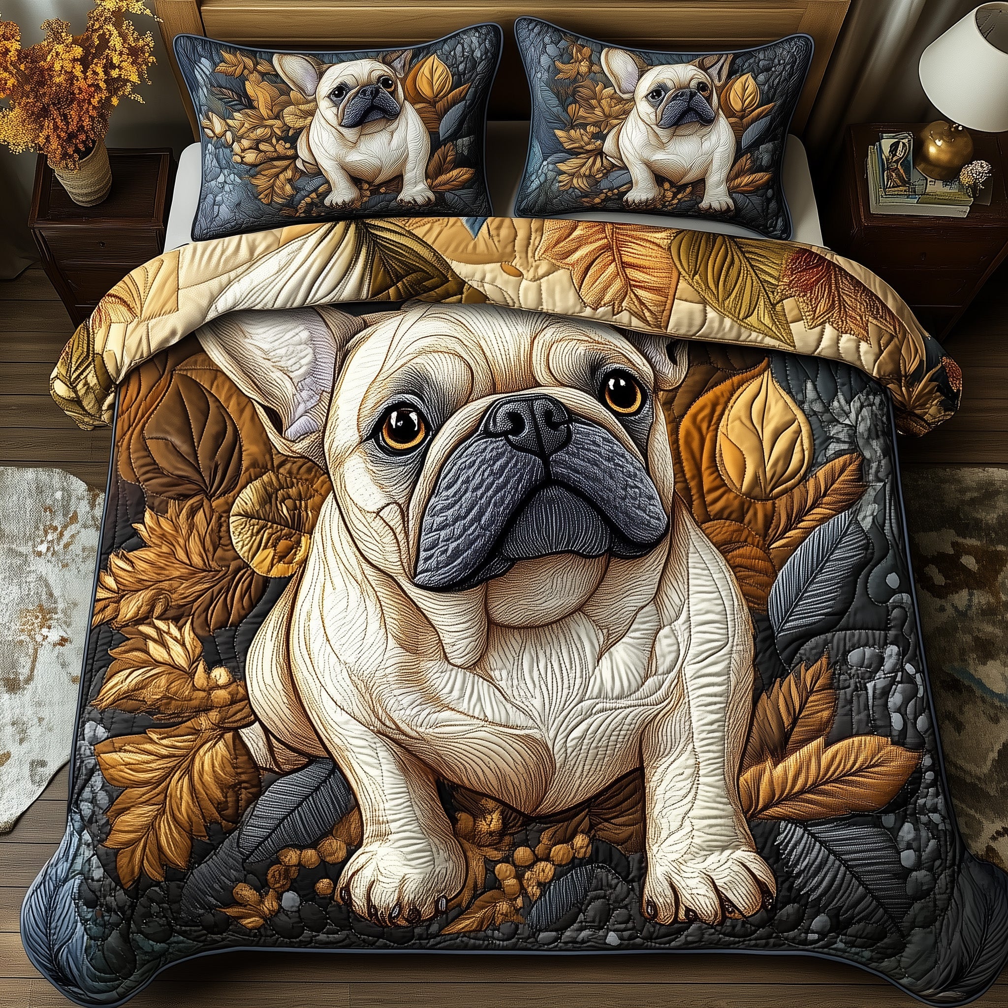 Bulldog Quilted Bedding Set Duvet Cover Bed Sheet Best Gifts For New Dog Owners