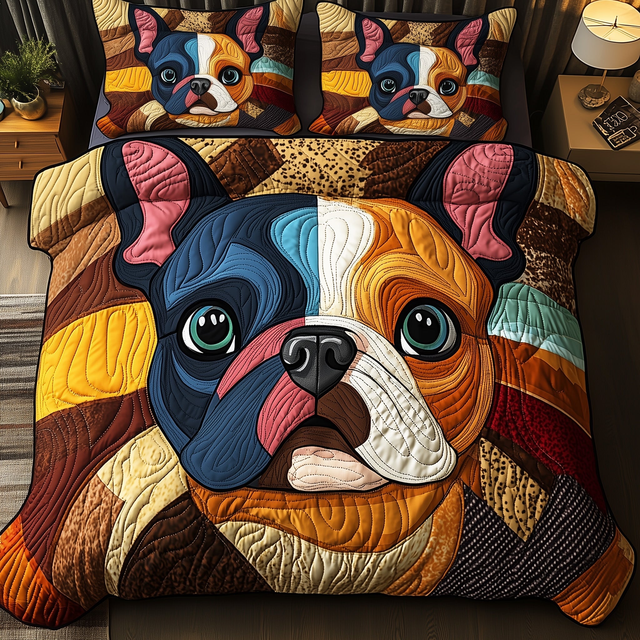 Bulldog Quilted Bedding Set Duvet Cover Bed Sheet Dog Lover Gifts For Him Her