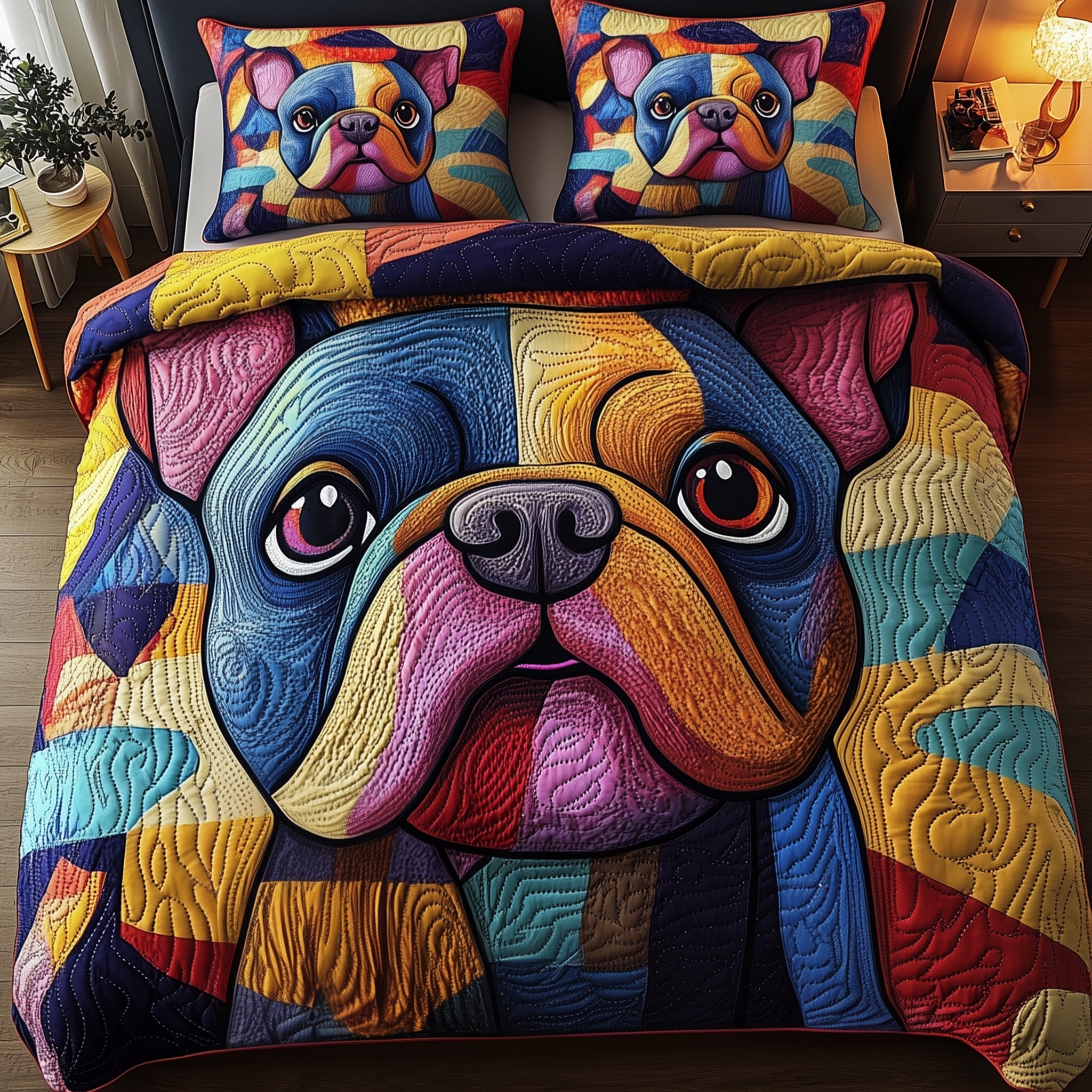 Bulldog Quilted Bedding Set Duvet Cover Bed Sheet Gift Idea For Dog Pet Lovers