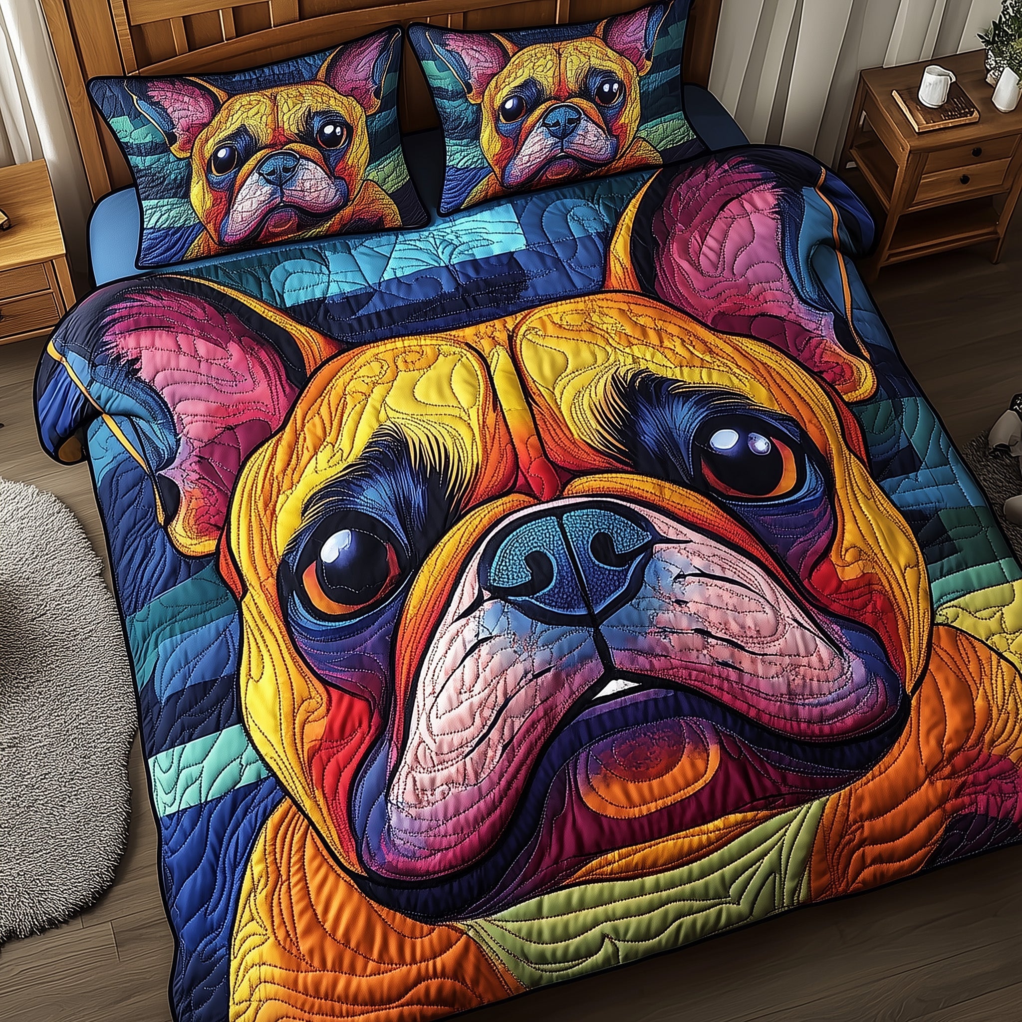 Bulldog Quilted Bedding Set Duvet Cover Bed Sheet Gifts For Someone Who Loves Dogs