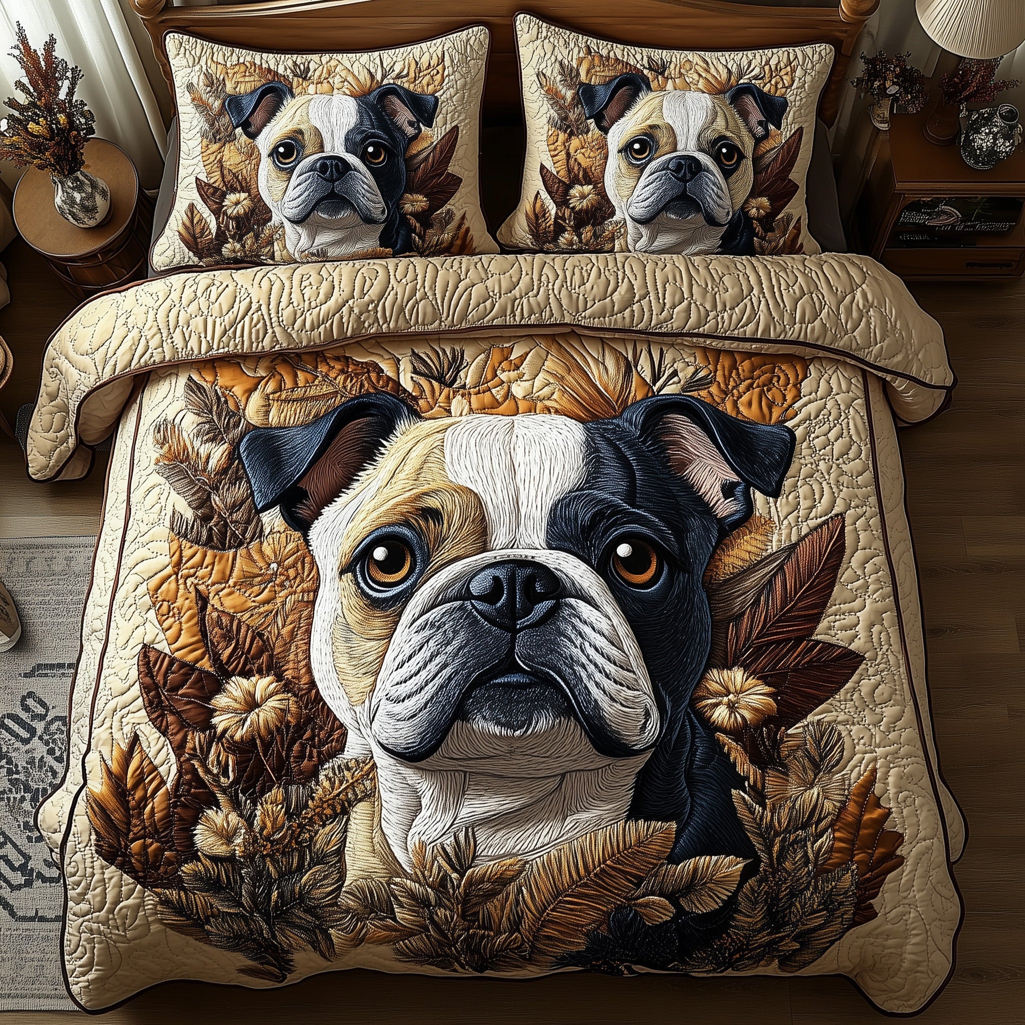 Bulldog Quilted Bedding Set Duvet Cover Bed Sheet Present Ideas For Animal Lovers