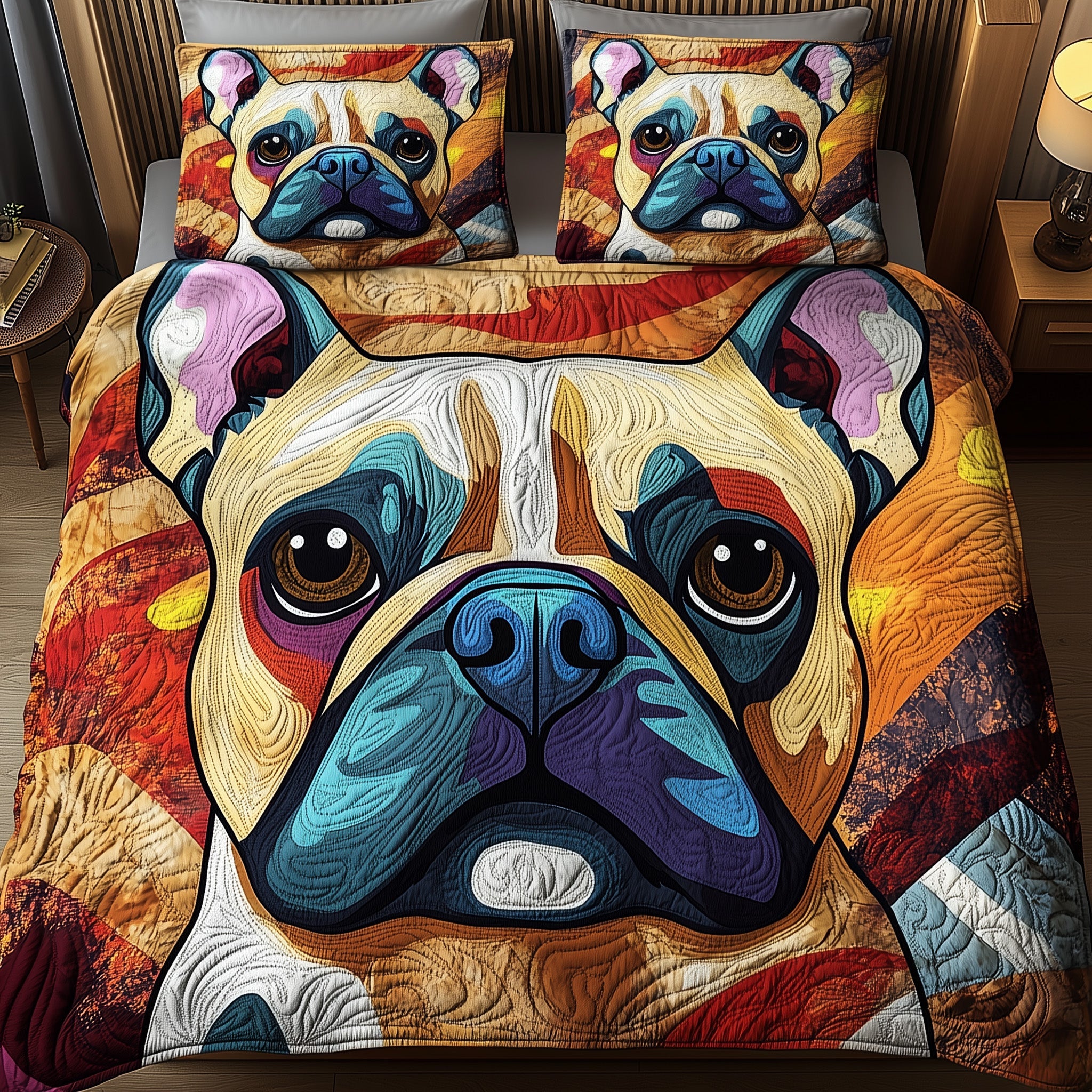 Bulldog Quilted Bedding Set Duvet Cover Bed Sheet Unique Dog Gifts For Owners