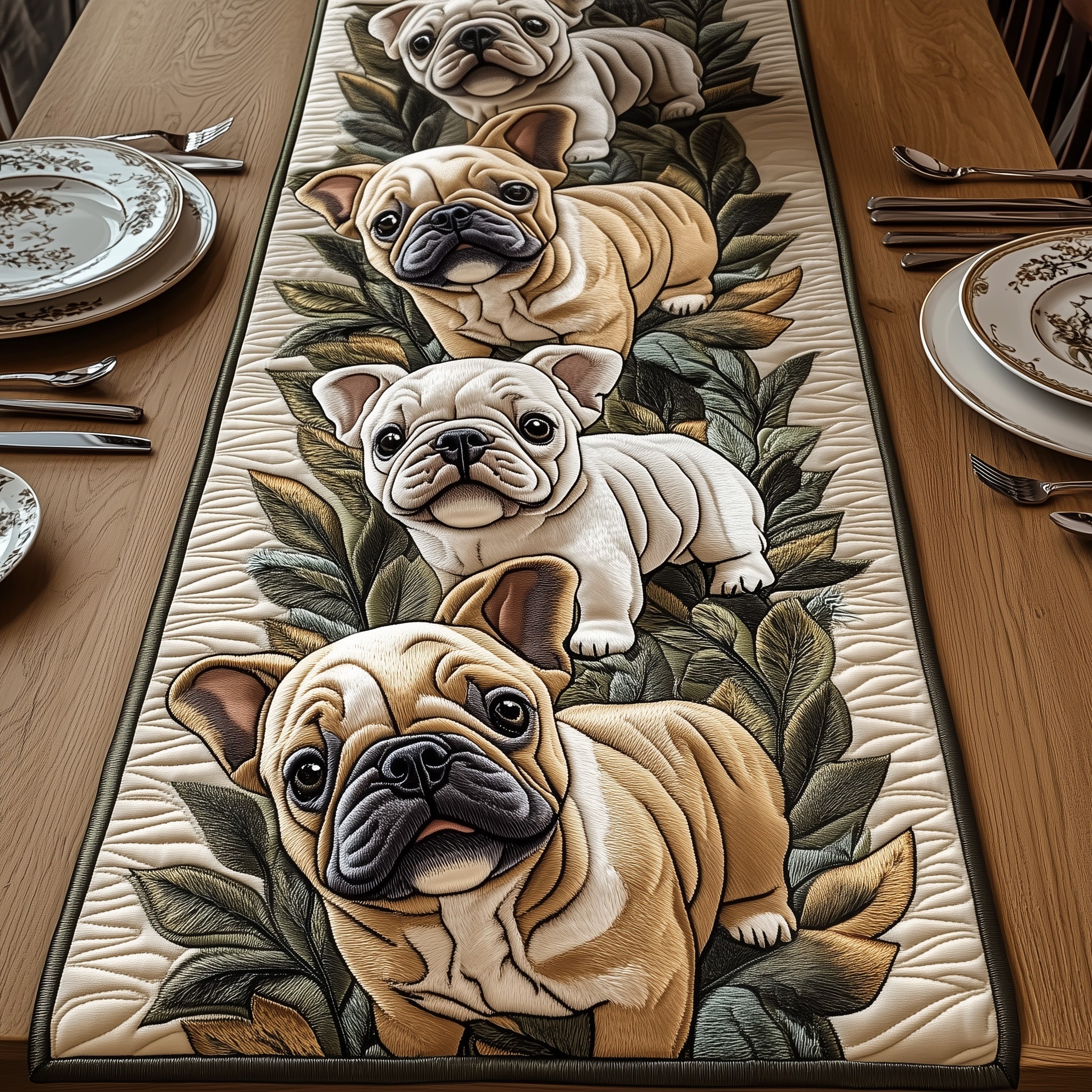 Bulldog Quilted Table Runner Festive Christmas Dining Room Table Runner