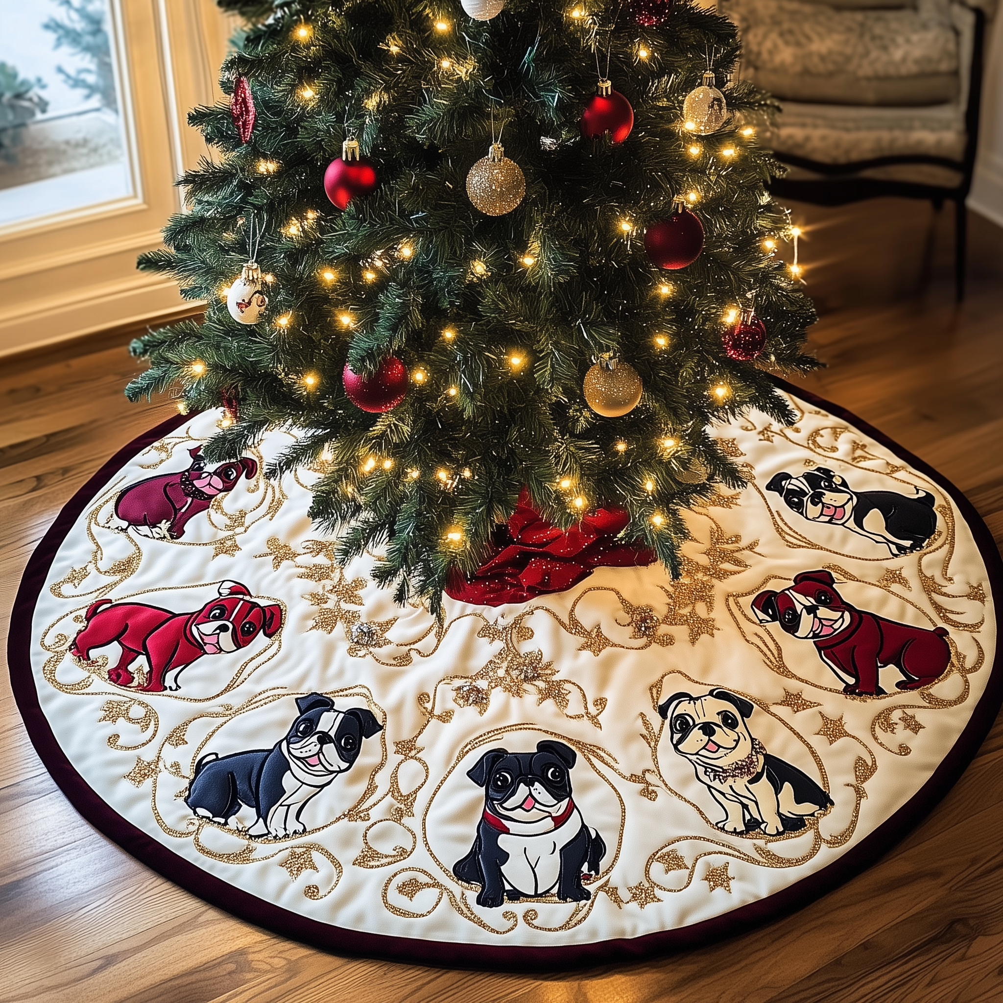 Bulldog Quilted Tree Skirt Joyful Holiday Season Gift Merch