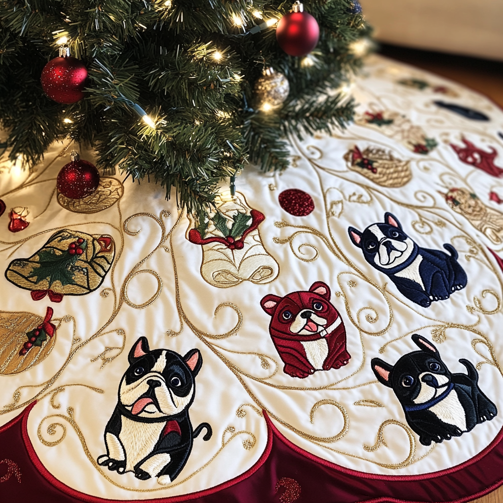 Bulldog Quilted Tree Skirt Xmas Tree Decorations Holiday Gifts For Dog Lovers Owners