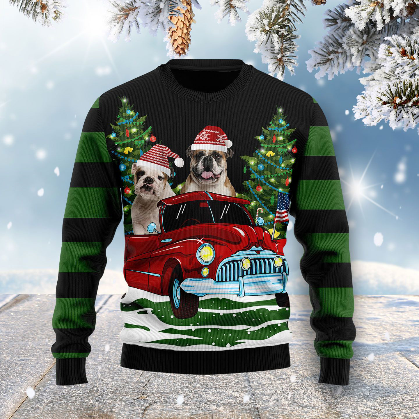 Bulldog Riding Car Ugly Christmas Sweater Holiday Clothing Funny Dog Gifts