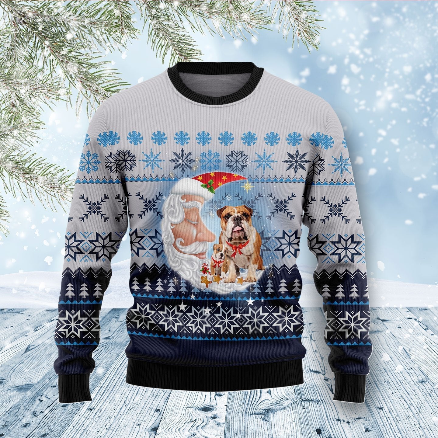 Bulldog Santa Moon Ugly Christmas Sweater Weird Bulldog Clothing Xmas Gift Ideas For Him