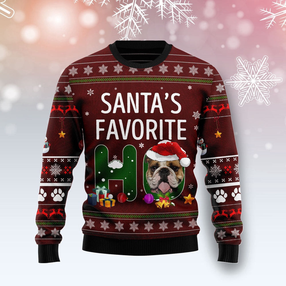 Bulldog Santa's Favorite Ho Ugly Christmas Sweater Unisex Sweater for Couples Friends Funny Family Christmas Gift