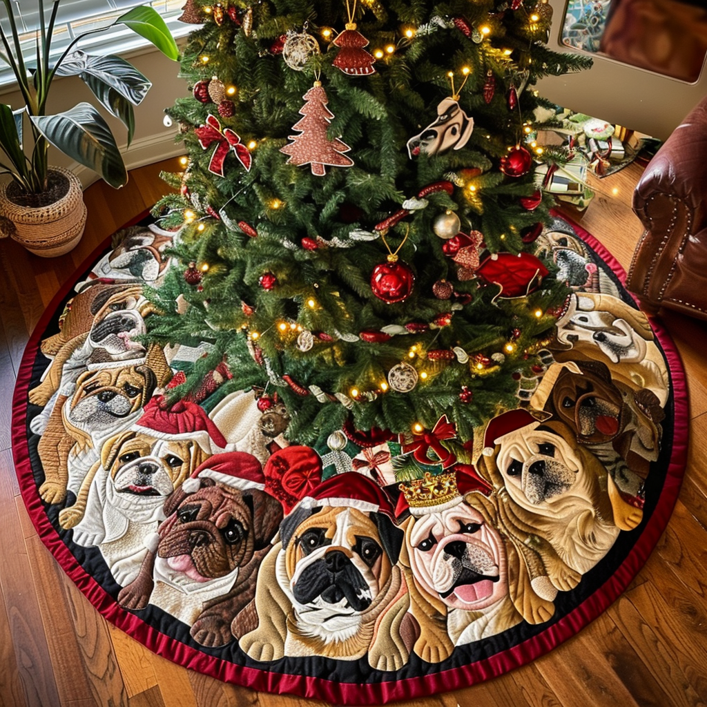 Bulldog Sleigh Ride Christmas Quilted Tree Skirt Christmas Tree Bottom Cover Christmas Gifts For Grandparents