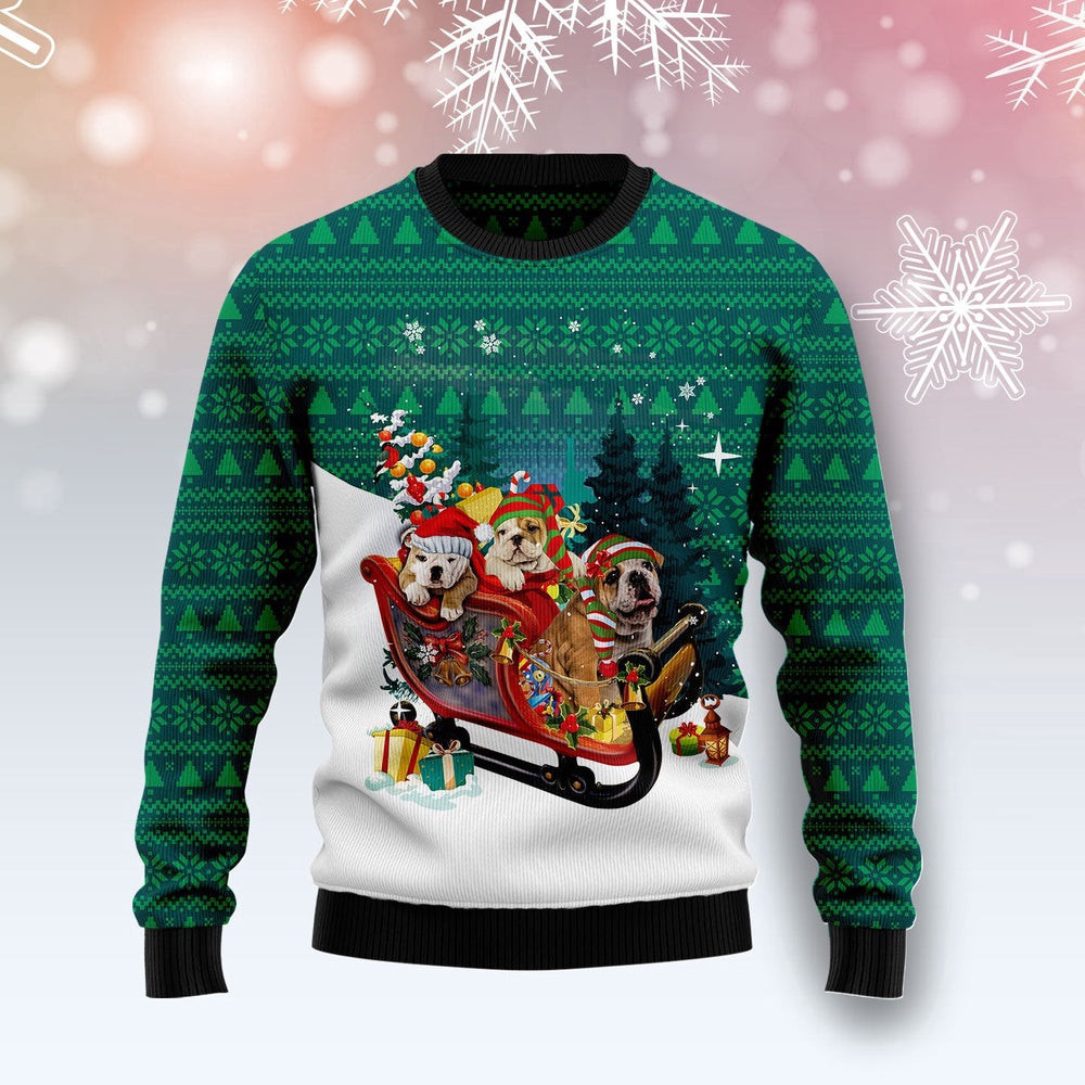 Bulldog Sleigh Ugly Christmas Sweater Gift For Christmas