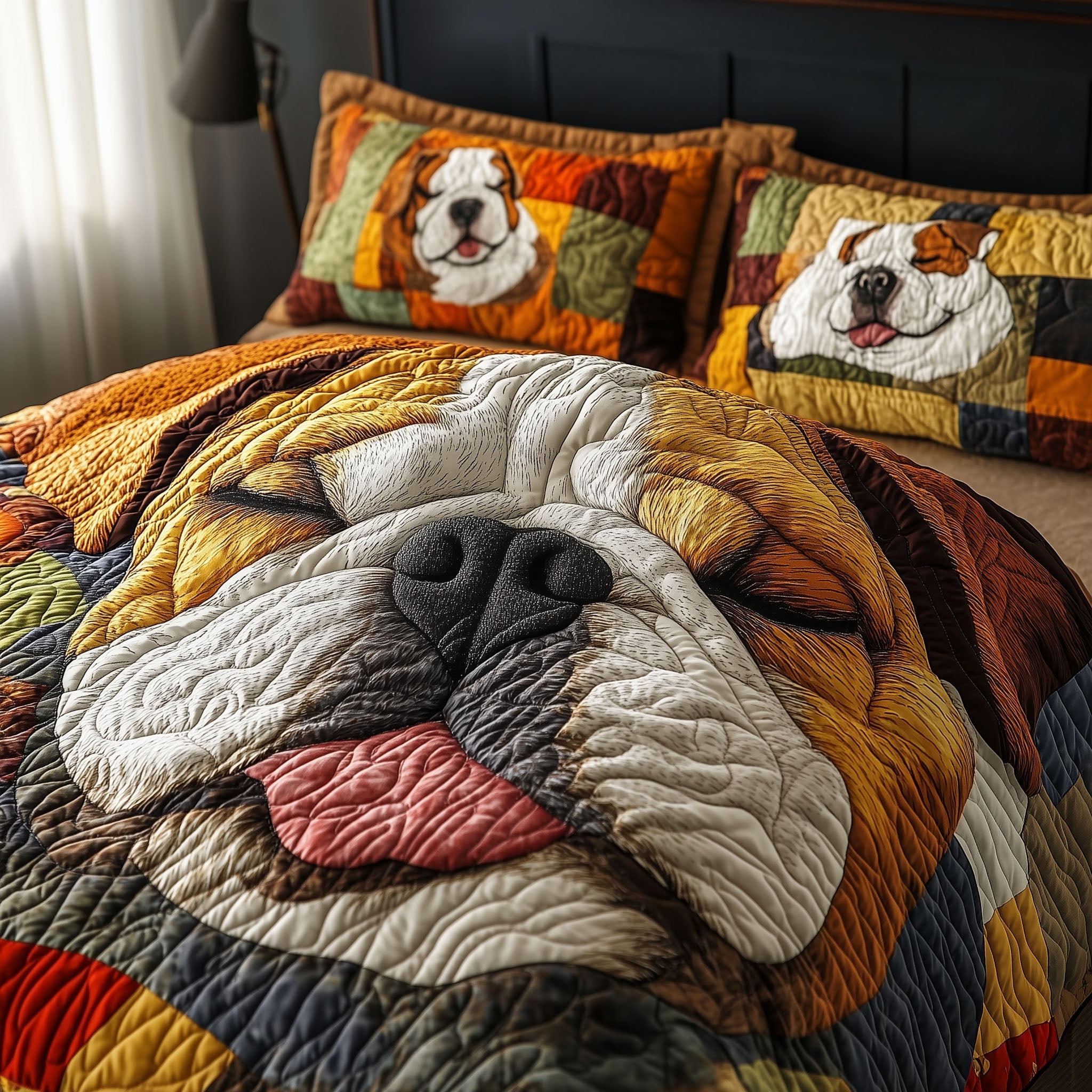 Bulldog Snout Quilted Bedding Set Lovely Bedroom Gift Idea for Housewarming