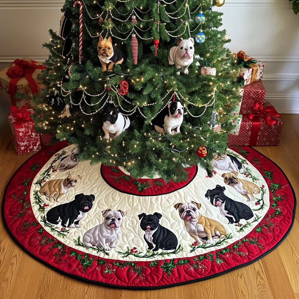 Bulldog Snowy Wishes Quilted Christmas Tree Skirt Christmas Tree Bottom Cover Family Xmas Gift Exchange Ideas