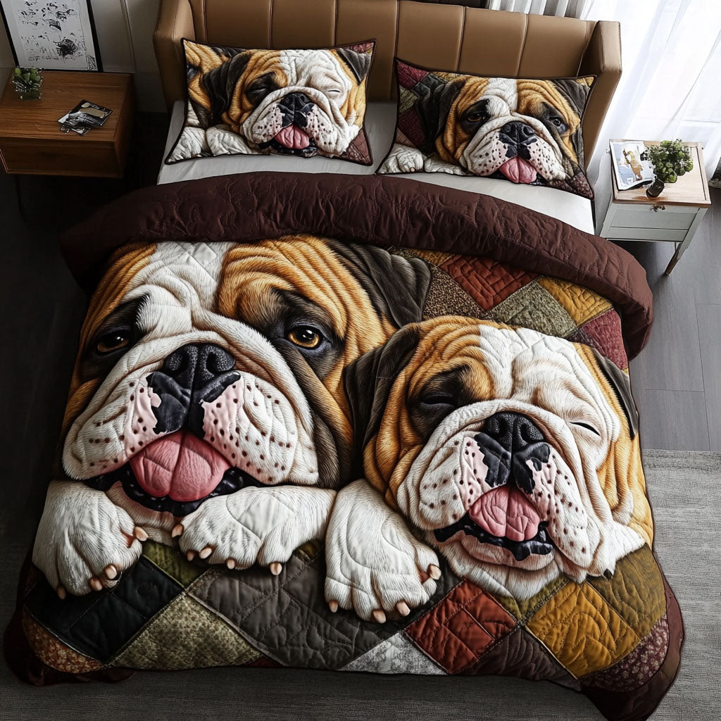 Bulldog Snuggle Quilted Bedding Set Queen Size Comforter Anniversary Gift for Couples
