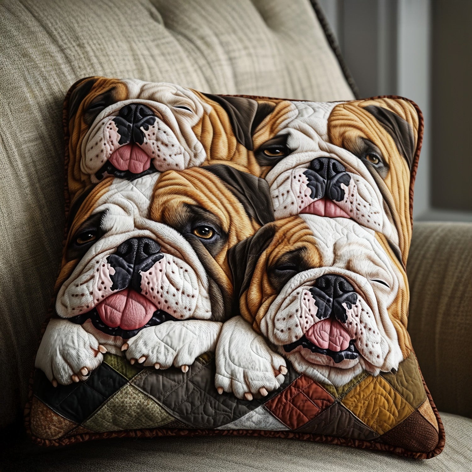 Bulldog Snuggle Quilted Pillow Case Holiday Throw Pillow Gift