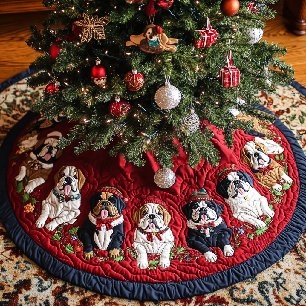 Bulldog Spirit Christmas Quilted Tree Skirt Cover For Xmas Tree Base French Bulldog Christmas Gifts