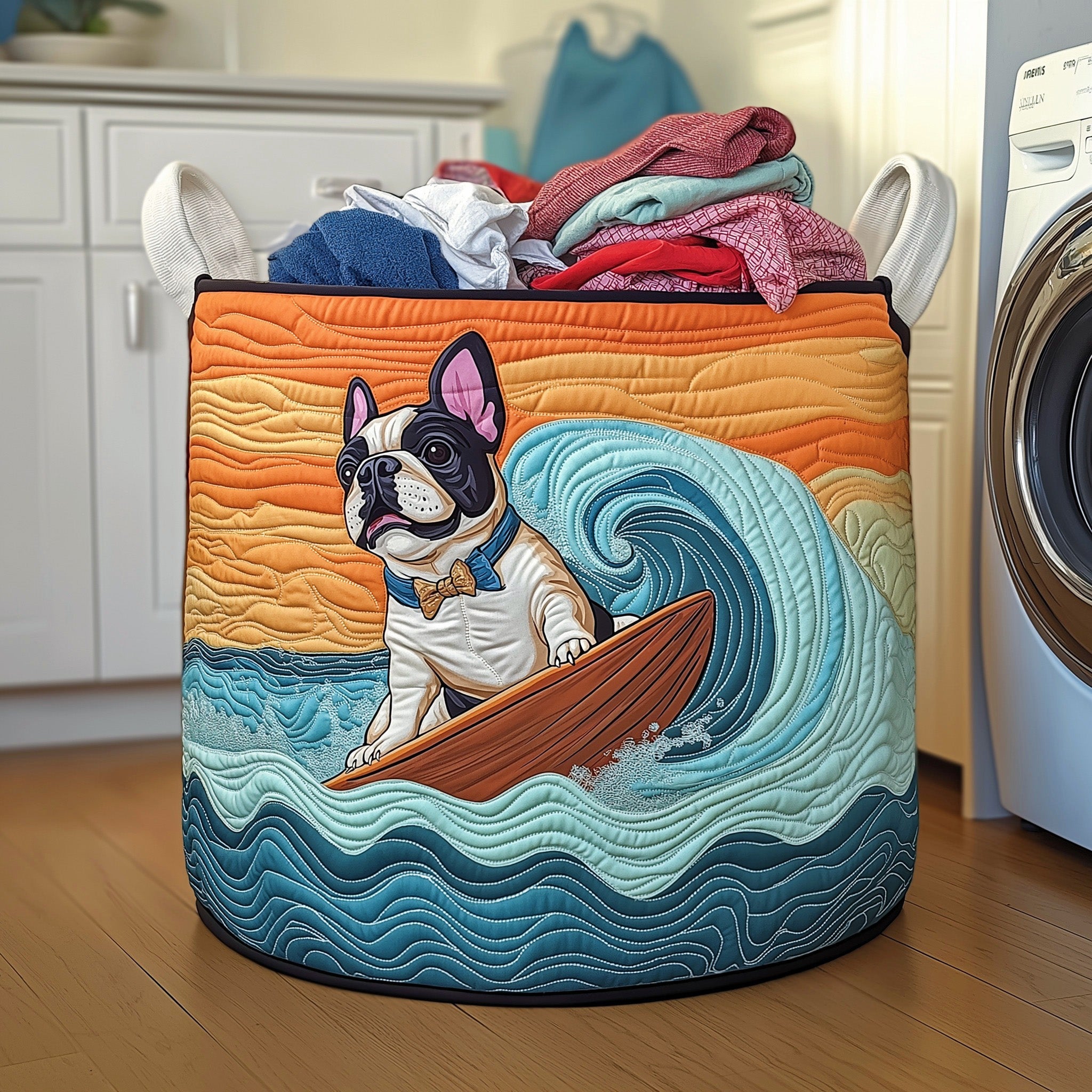 Bulldog Surfing Quilted Laundry Basket Perfect Birthday Gift Idea