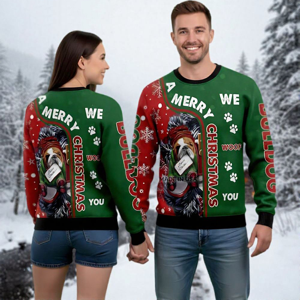 Bulldog Ugly Christmas Sweater We Woof You Xmas Clothing Gifts For Bulldog Lovers