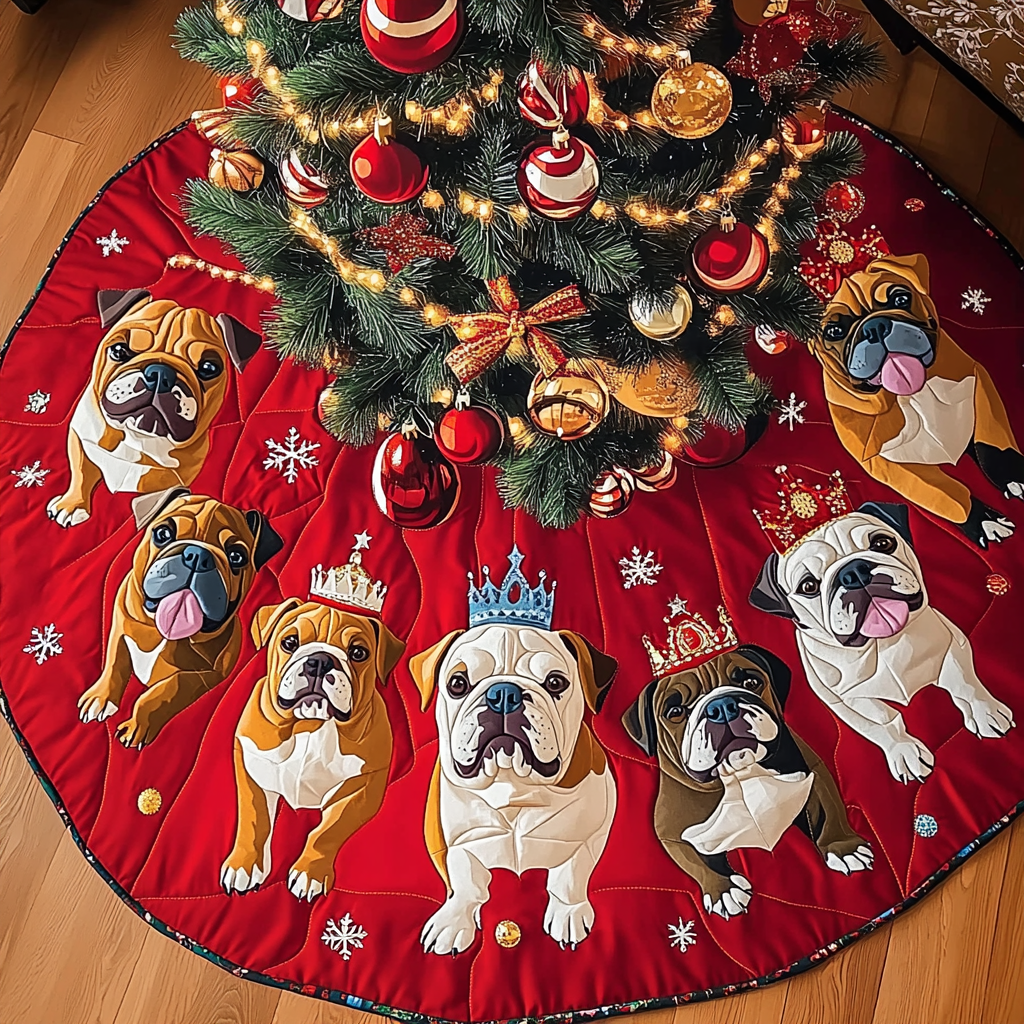 Bulldog Winter Cheer Christmas Quilted Tree Skirt Christmas Tree Decor Warm And Cozy Holiday Decor