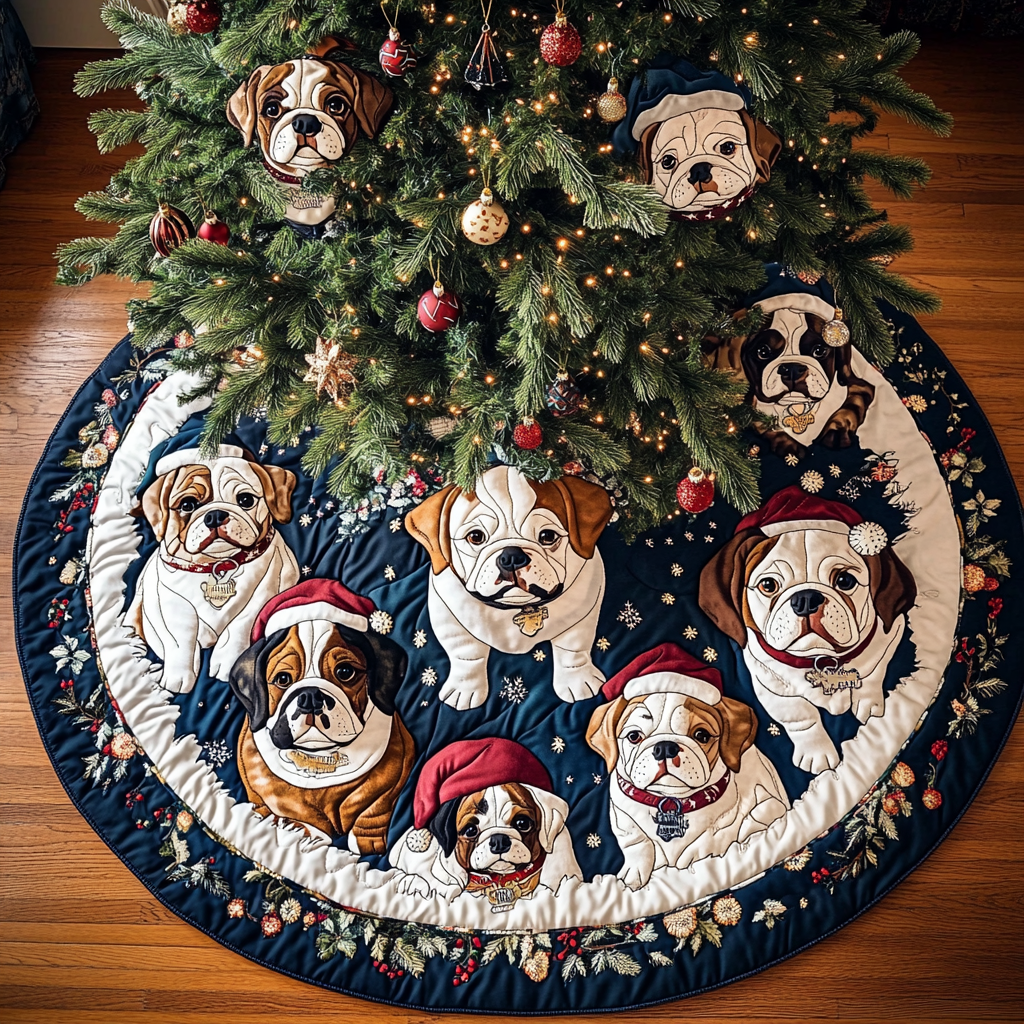 Bulldog Xmas Joy Christmas Quilted Tree Skirt Perfect Holiday Gift for Home Decor Lovers
