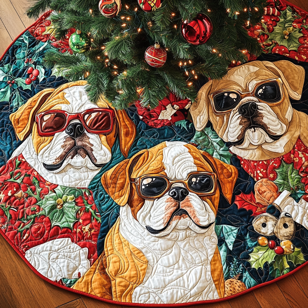 Bulldog Yuletide Joy Christmas Quilted Tree Skirt Festive Tree Base Cover Festive Christmas Home Styling