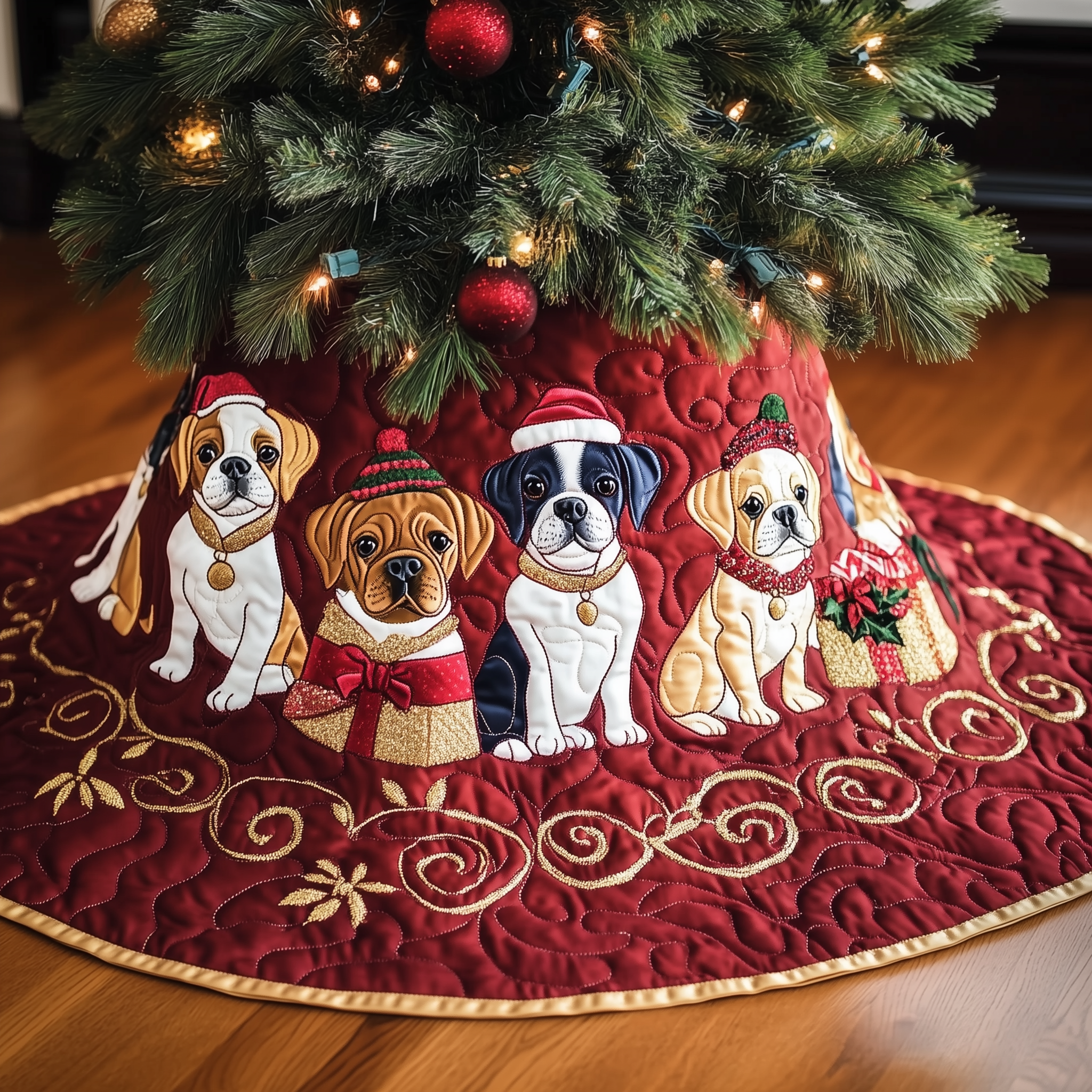 Bulldogs Christmas Tree Skirt Quilted Dog Lover Handmade Holiday Gift for Home